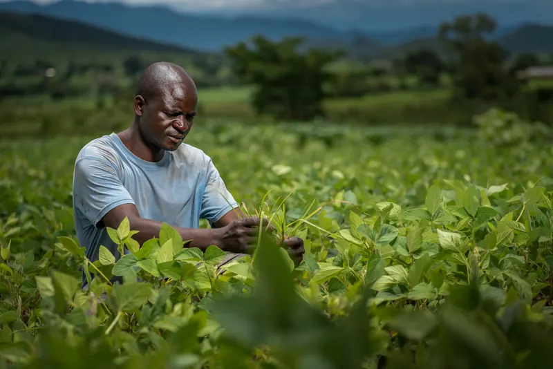 A farmer weeding a green soybean field with hills behind